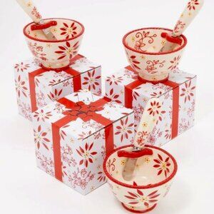 H158-NIB Temptations Red & White Floral Dip Bowl and Spreader